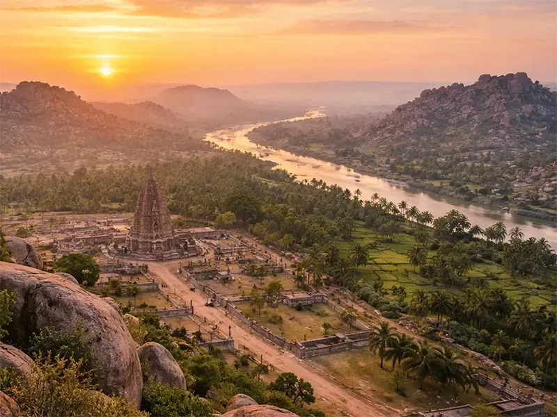 Hampi at dawn with archaeologist