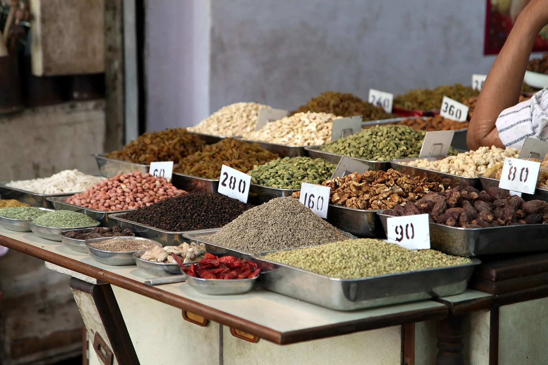 Sacks of brightly coloured spices on display at a shop in the Khari Baoli market, Old Delhi