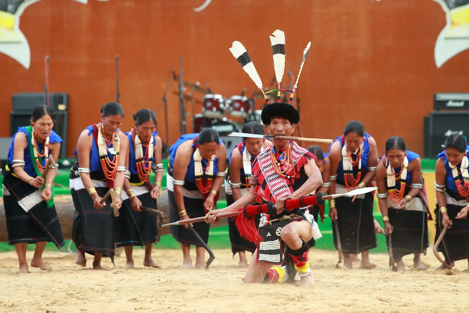A group of Naga tribespeople in traditional dress in Nagaland, northeast India