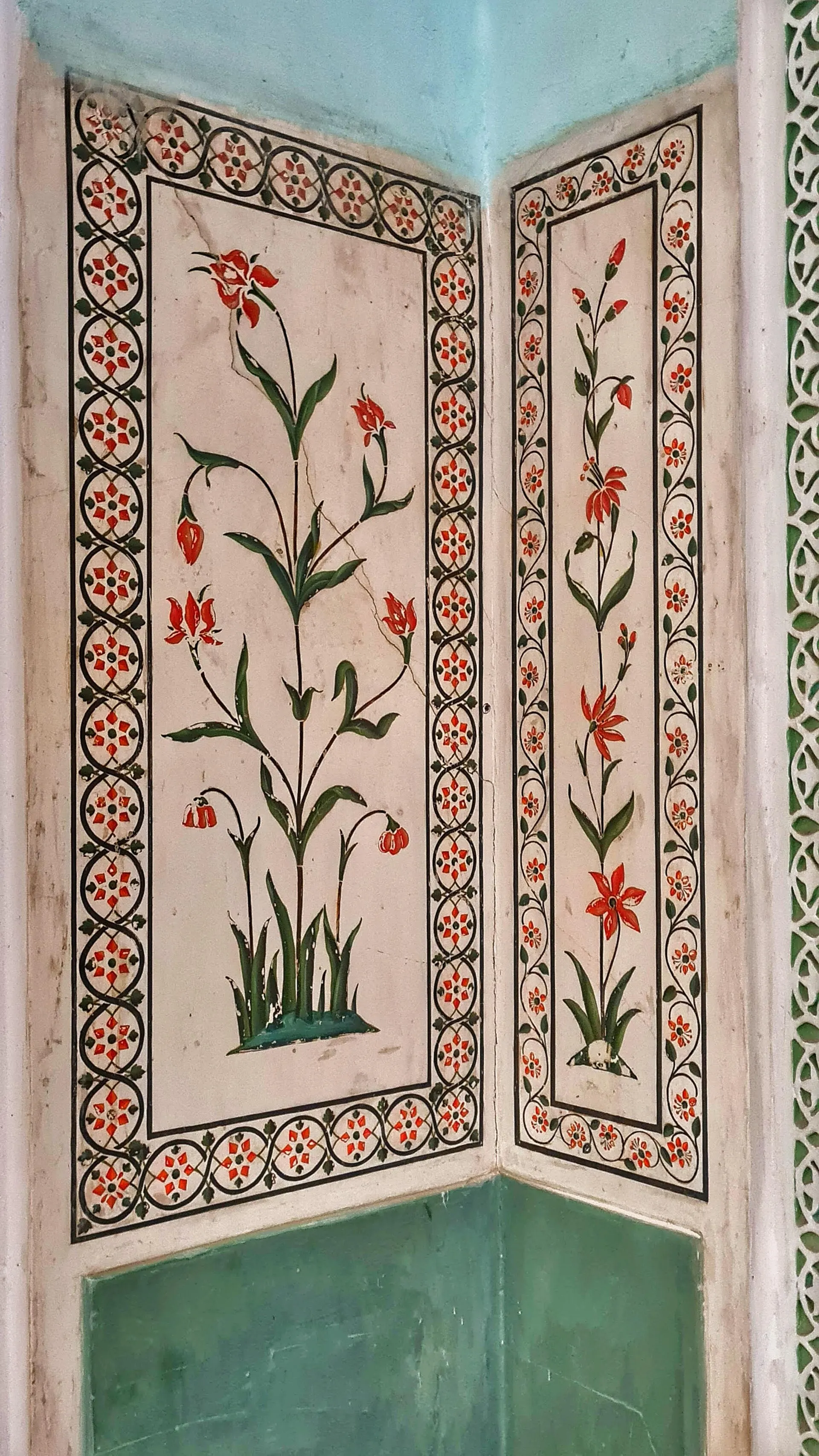 Detail of pietra dura marble inlay set with coloured stones, Jaipur