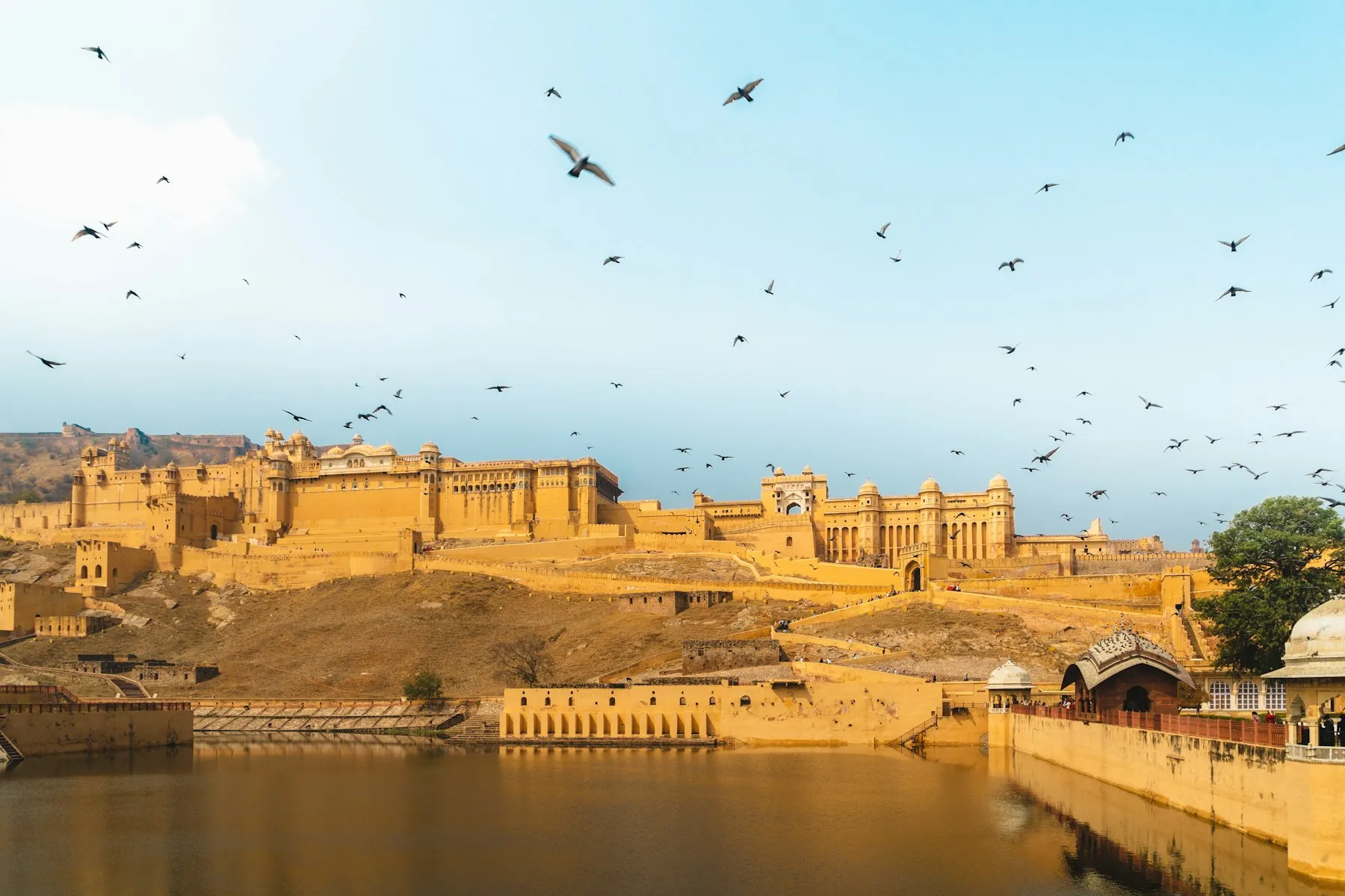The ramparts of Amber Fort climbing the Aravalli hills outside Jaipur