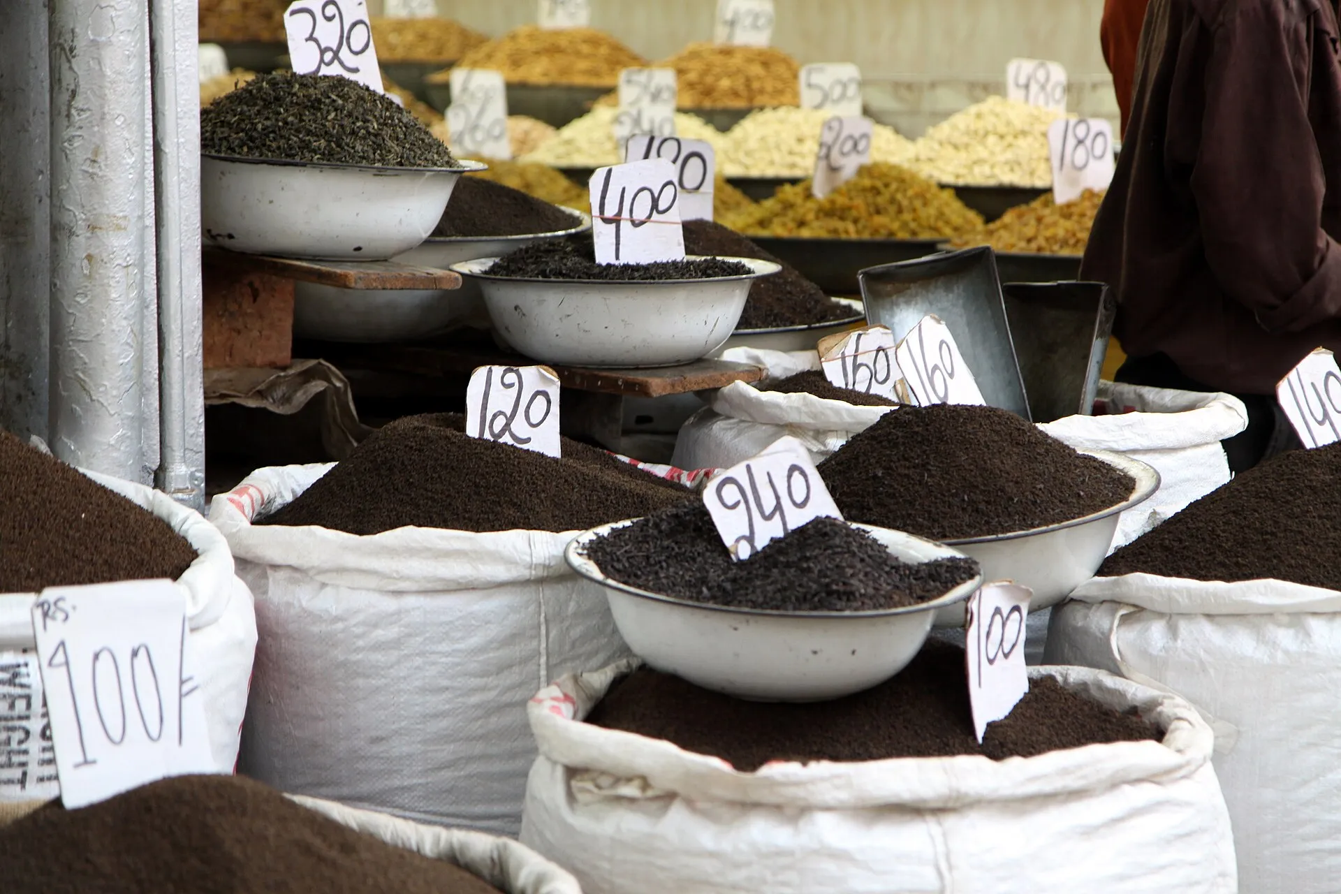 A shop selling loose tea leaves and spices in the Khari Baoli market, Old Delhi